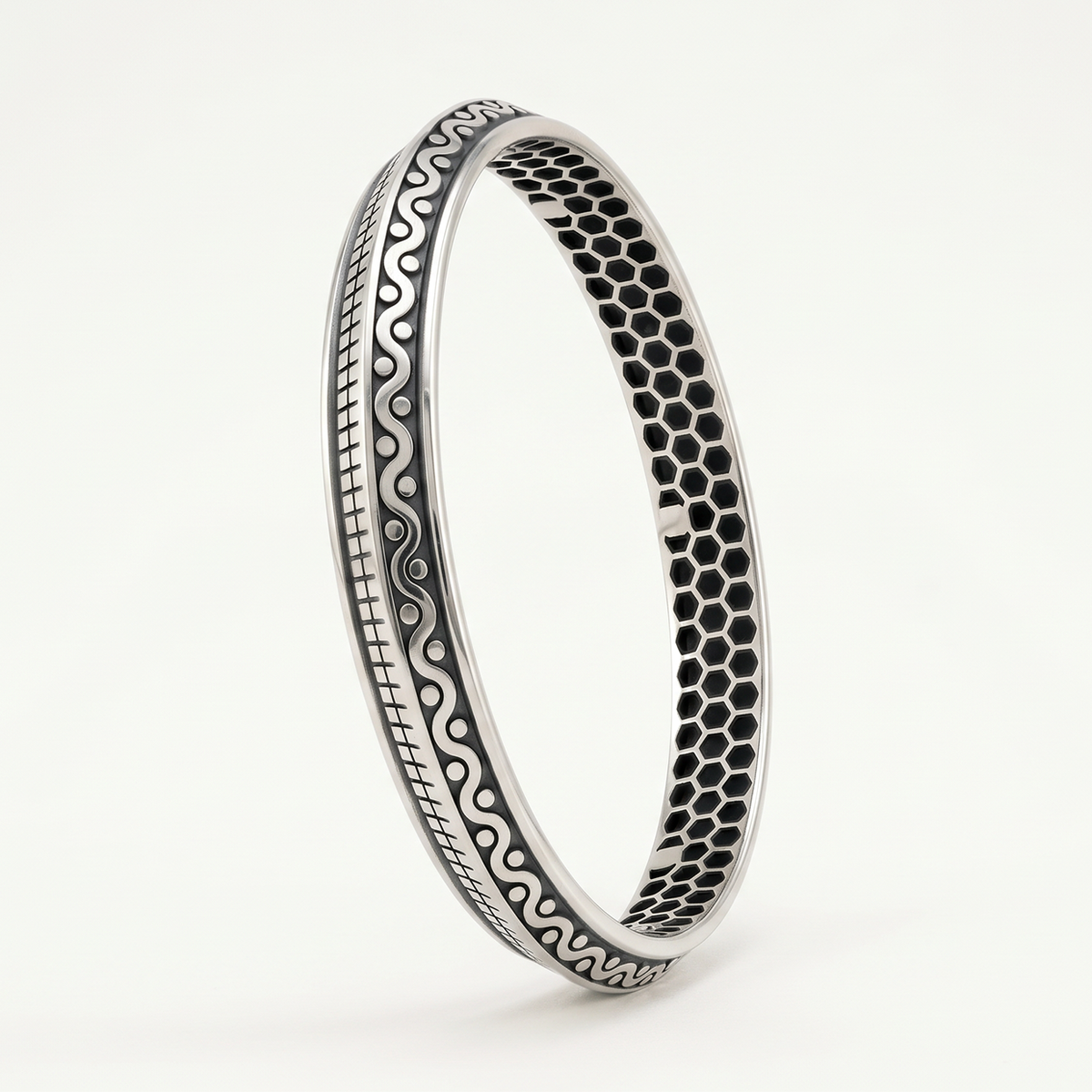 Midnight Honeycomb and Wave Silver-Tone Kada