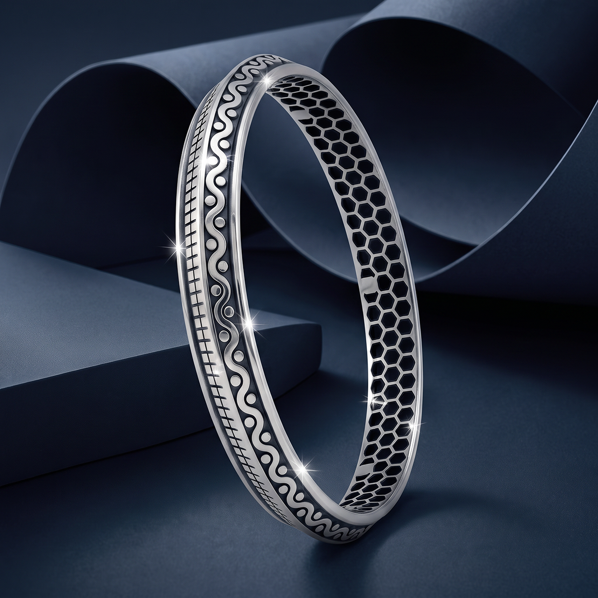 Midnight Honeycomb and Wave Silver-Tone Kada