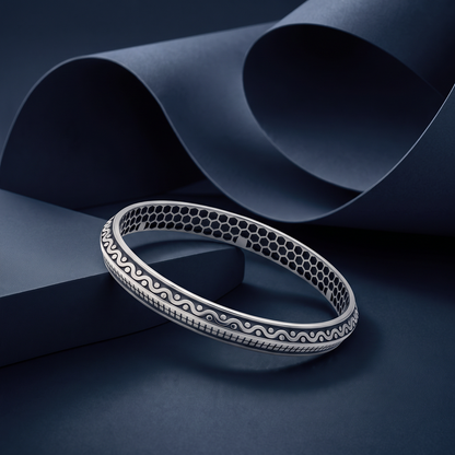 Midnight Honeycomb and Wave Silver-Tone Kada