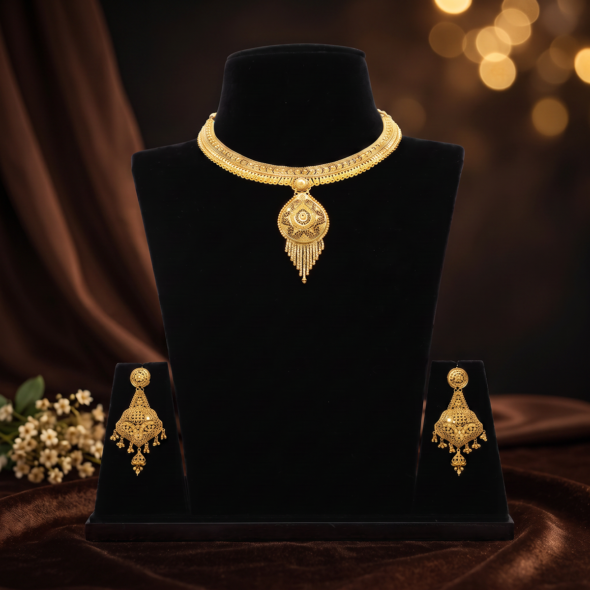Traditional Gold Necklace with Teardrop Pendant