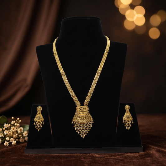 Long Gold Necklace with Intricate Pendant