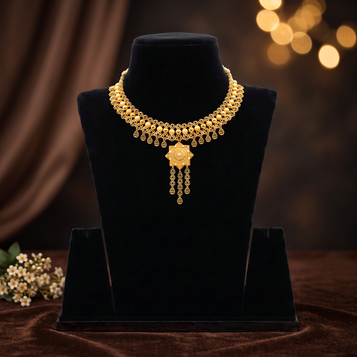 Traditional Gold Choker with Beaded Fringe