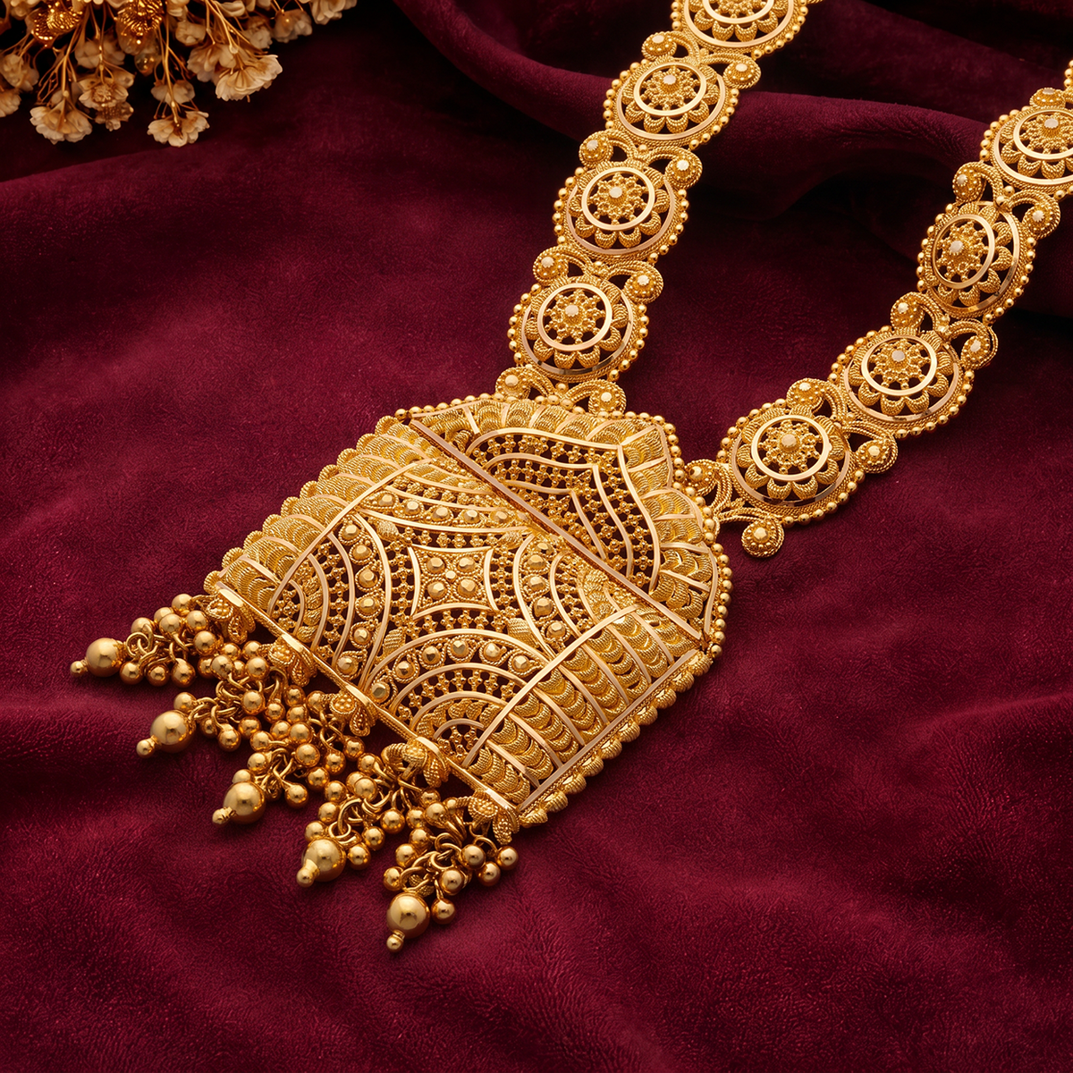 Long Temple-Inspired Gold Necklace