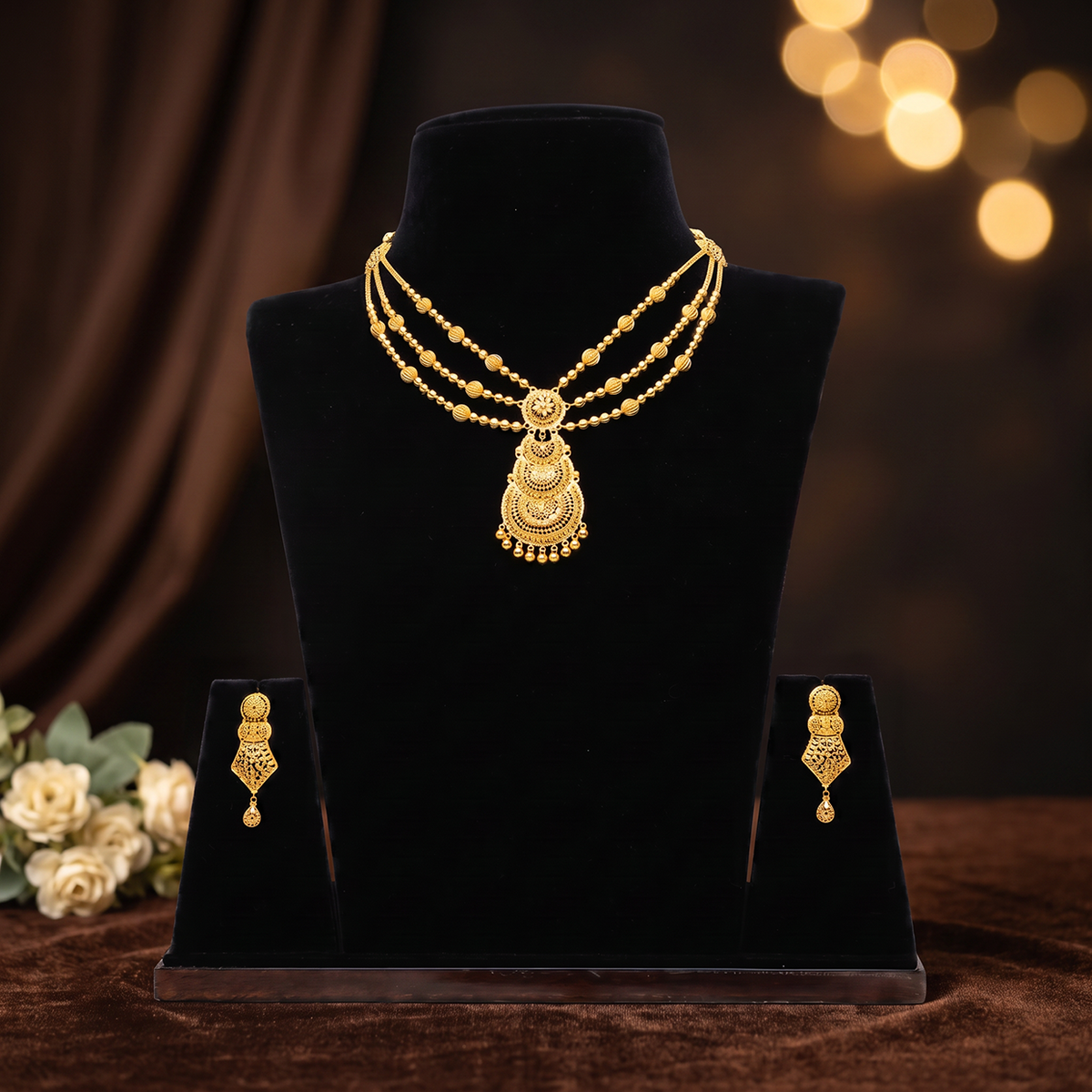 Multi-Strand Gold Necklace with Central Pendant