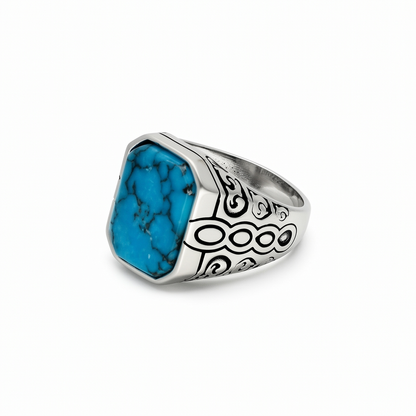 Turquoise-Colour Octagon Scroll Statement Ring