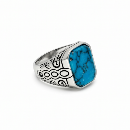 Turquoise-Colour Octagon Scroll Statement Ring