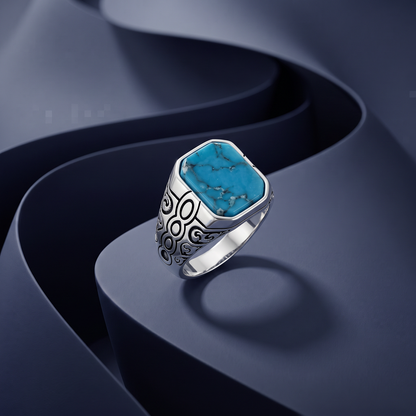 Turquoise-Colour Octagon Scroll Statement Ring