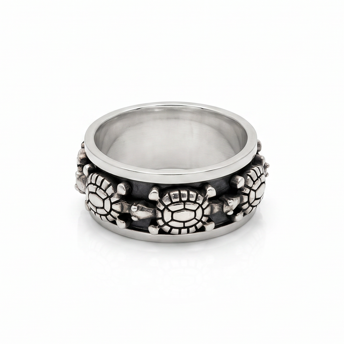 Turtle Motif Dark-Detail Silver-Tone Band Ring