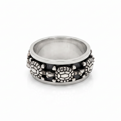 Turtle Motif Dark-Detail Silver-Tone Band Ring