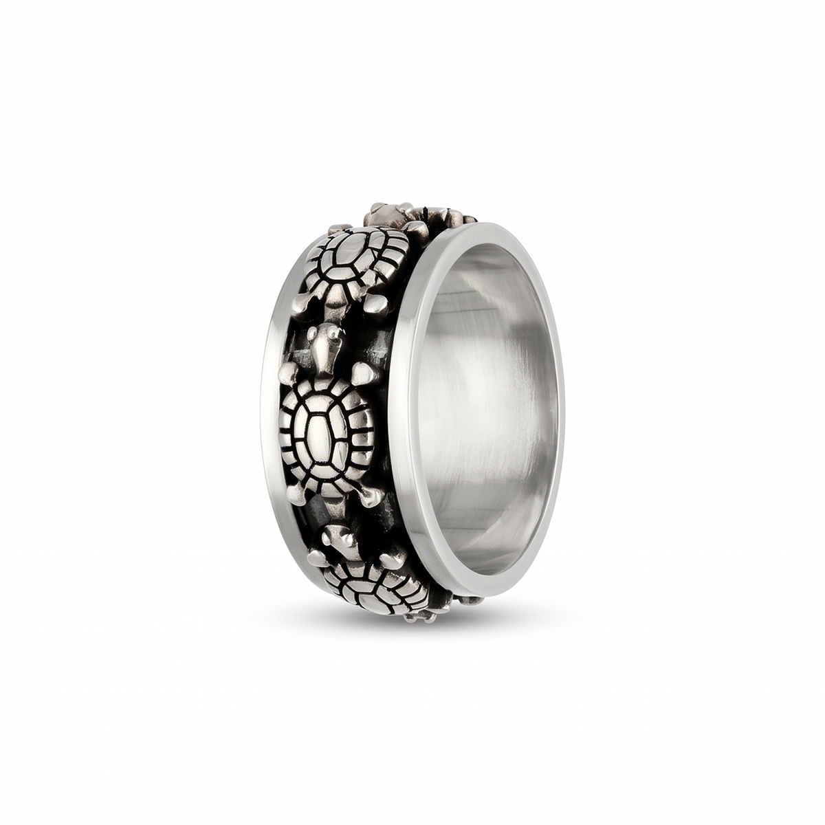 Turtle Motif Dark-Detail Silver-Tone Band Ring