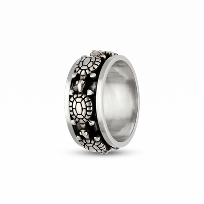 Turtle Motif Dark-Detail Silver-Tone Band Ring