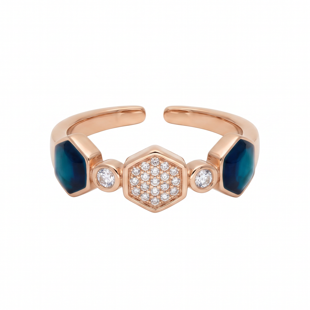Blue and Hexagon Sparkle Rose-Tone Open Ring