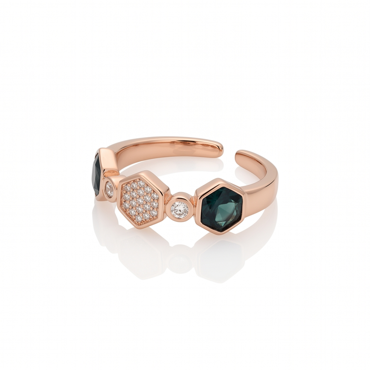 Blue and Hexagon Sparkle Rose-Tone Open Ring