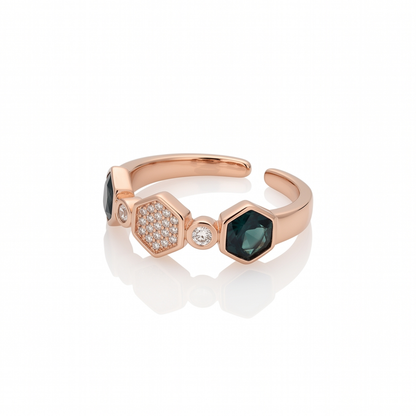 Blue and Hexagon Sparkle Rose-Tone Open Ring