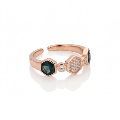Blue and Hexagon Sparkle Rose-Tone Open Ring