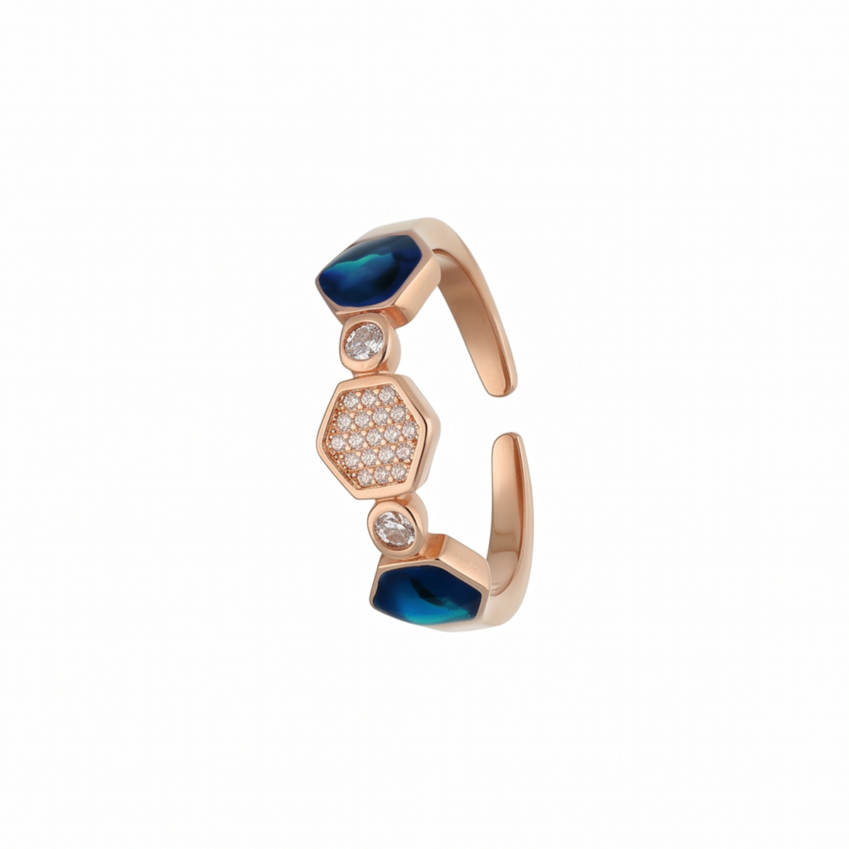 Blue and Hexagon Sparkle Rose-Tone Open Ring