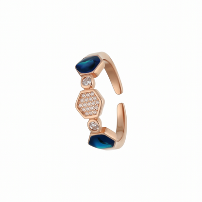 Blue and Hexagon Sparkle Rose-Tone Open Ring