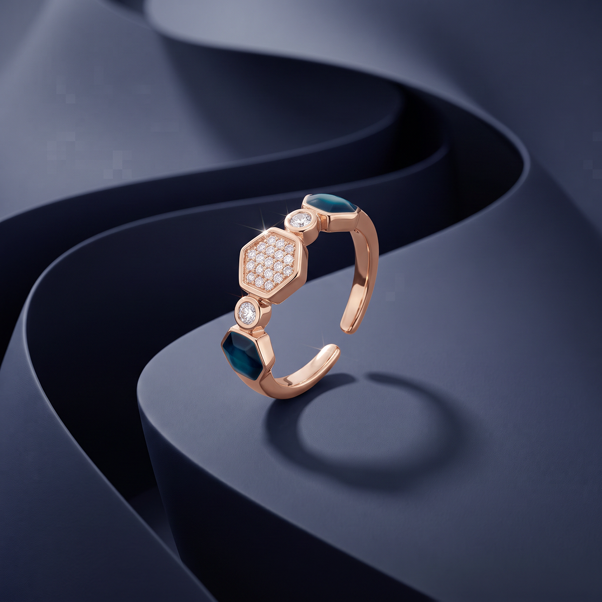 Blue and Hexagon Sparkle Rose-Tone Open Ring