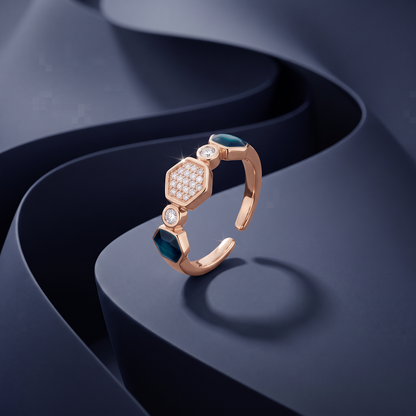 Blue and Hexagon Sparkle Rose-Tone Open Ring